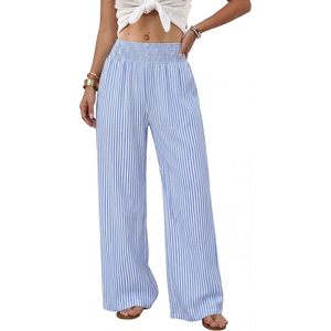FOXA Wide Leg Pants Woman High Waist Striped Trousers With <b>Pockets</b> Casual Lounge Breathable Oxford Fabric - Product Image 2