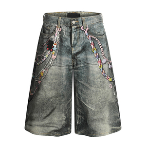 Shorts en jean pour homme personnalisés, imprimés numériquement, effet délavé, coupe droite, style baggy, déchirés, imprimés vintage, Jorts - Product Image 2