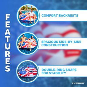 Double Ring Pool Float Americana Design for Adults Teens Durable Vinyl Lounger Easy <b>Inflate</b> Pool Lake Beach - Product Image 3