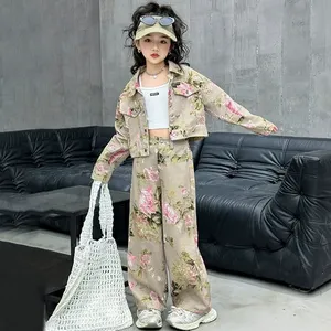 Nieuwe Mode Tienermeisjes Kleding Set Lange Mouwen Flower Print Denim Jasje Jas + Jeans Broek Kleding Set Voor Kinderen - Product Image 1