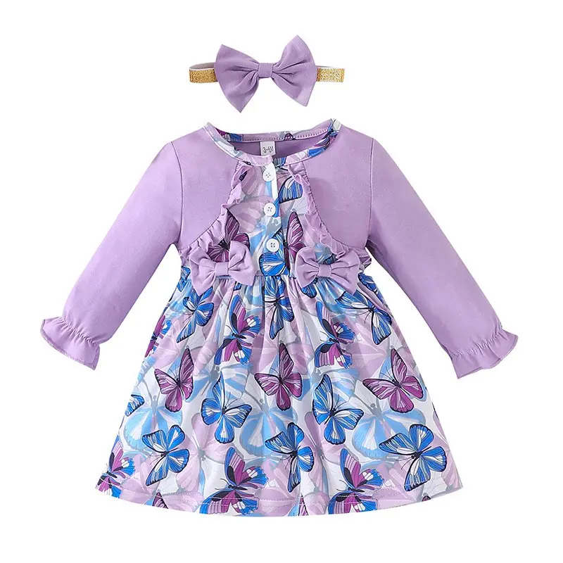 2023 New autumn baby butterfly printed dress infant girls long sleeve princess dress korea