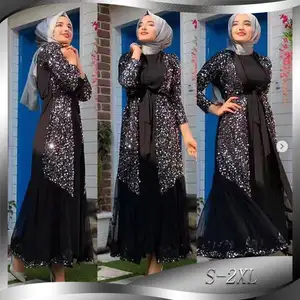 Wanita Mewah Turki Fashion Lengan Panjang Payet Renda Patchwork Maxi Gaun