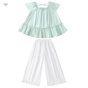 Vêtements d'été pour grandes filles, haut à manches flottantes avec garniture en dentelle, pantalon Capri à jambes larges, ensemble deux pièces - Product Image 5