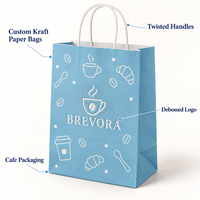 Sacs en papier kraft personnalisés avec poignées torsadées et logo en relief pour l'emballage à emporter des cafés, commandes personnalisées en gros