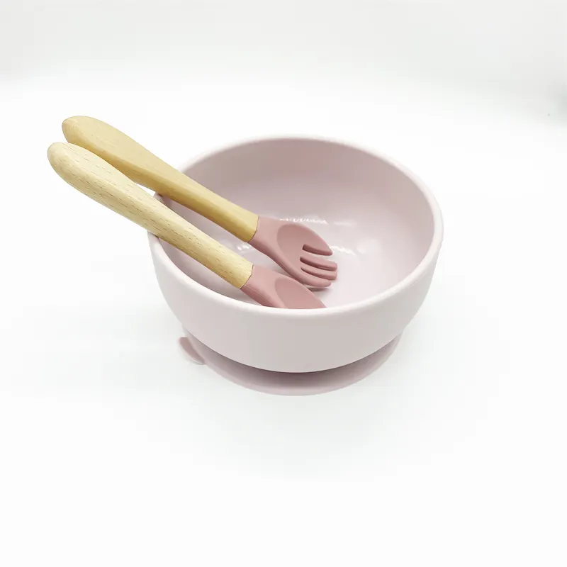 Soft Safe Custom Color Logo Silicone Baby Feeding Suction Bowl With Spoon Fork