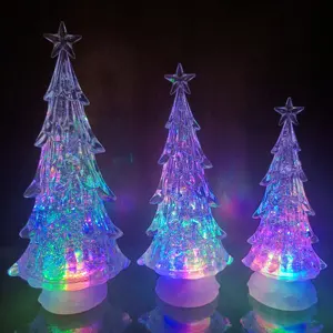 Árvore de Natal de cristal LED para árvore de Natal, globo de neve, luz acrílica para mudança de cor, árvore de Natal com glitter e brilho