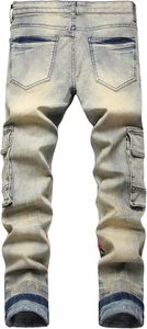 Jean slim vintage pour homme, taille mi-haute, délavage moyen, coupe droite, patchwork, confortable, style motard - Product Image 3