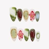 Offre Spéciale – Ongles à presser en acrylique, forme amande, motif fleur de pêcher peinte à la main, dégradé vert élégant, cadre doré, style chinois