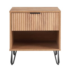 Nightstand In Golden Brown Wood With <b>Open</b> Shelf And Hairpin Legs - Product Image 1