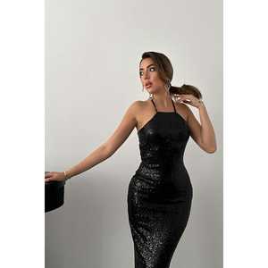 Robe de cocktail élégante noire dos nu à sequins, col licou, moulante, sans manches, taille naturelle, 100 % polyester - Product Image 4