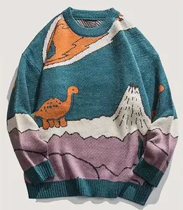Custom Logo ODM OEM Crew Neck Knit Pullover Dinosaur Jacquard Pattern Design Men's Casual Sweater