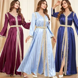 Dubai Muslim Women Maxi Dress Custom 2pcs Set Satin Abaya Kaftan Robe Islamic Gown