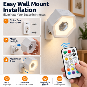 Lampe murale à détecteur de mouvement intelligent à télécommande, LED à intensité variable, rechargeable par type C, lumière PIR, design moderne blanc pour chambre à coucher - Product Image 2