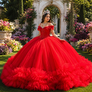 Xss29 Vestido de Gala Rojo de Lujo para Quinceañera, Largo hasta el Suelo, de Tul Natural Brillante, con Corsé de Cuentas, Dobladillo con Volantes y Cola Capilla, para Fiesta Formal - Product Image 1