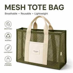 <span class=keywords><strong>Bolsa</strong></span> de Mano de Malla Verde Oliva con Logotipo Personalizado, Asas de Lona Beige, Espaciosa, Duradera, Transpirable, Ligera, para Campamento, Picnic y Actividades al Aire Libre - Product Image 1