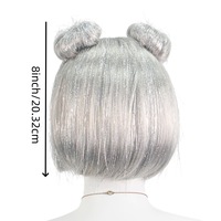 Perruque de cosplay Halloween style Ghost-girl, gris argenté scintillant, en soie synthétique, avec double chignon et frange droite, pour fête et scène