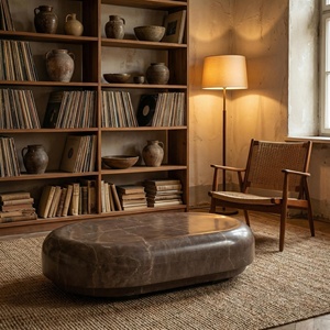 Mesa de Té Pequeña de una Sola Pieza de Mármol Natural Gris Chocolate con Acabado Desgastado Estilo Wabi-Sabi para Villa y Sala de Exposiciones - Product Image 3