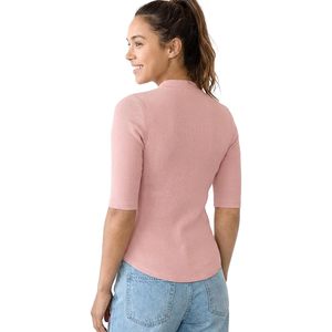 Custom Womens Mock <b>Turtleneck</b> Top Elbow Sleeve Fitted Ribbed Stretch Cotton Knit Shirt For Work Casual Wear - Product Image 4