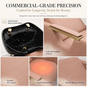 Bac à shampoing ergonomique moderne en céramique avec lit de lavage, dossier vibrant, accoudoirs dorés et éclairage pour station de beauté et spa - Product Image 3
