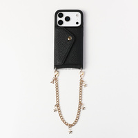 Étui portefeuille en cuir de vachette grainé avec bouton-pression doré, bandoulière détachable et porte-cartes pour iPhone 17 18 Pro Max