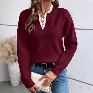 Nuovo maglione autunnale e invernale in <span class=keywords><strong>pizzo</strong></span> con scollo a V, tinta unita, ampio, a maniche lunghe, da <span class=keywords><strong>donna</strong></span>. - Product Image 1