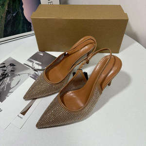 Z 2025 Nouvelle collection automne Chaussures femme à bout pointu en microfibre, couleur abricot, tendance, avec empeigne en maille brillante, talon dévoilé, coupe basse, haut de gamme, ornées de strass - Product Image 4