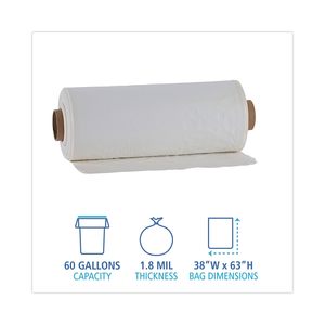 Rollos de revestimiento industrial para bidones Boardwalk BWKD38633CL, 60 galones, 1.8 mil, 38 x 63, transparentes, 1 rollo, 75 bolsas aptas para alimentos, bidón de acero de 55 galones - Product Image 3