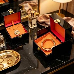 Boîte à bijoux élégante en bois avec serrure métallique, étui de rangement avec doublure rouge-orange pour collier en or, bracelet, bijoux, emballage cadeau - Product Image 6