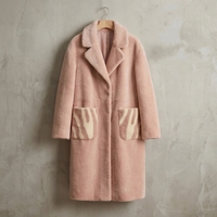 Manteau long en laine 100% pour femme, rose, col à revers, imprimé zèbre, poches plaquées, mi-mollet, chaud, en laine