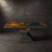 Table à manger en résine à texture peinture à l'huile, motif abstrait, plateau en marbre, avec base en Z unique pour maison créative, personnalisable