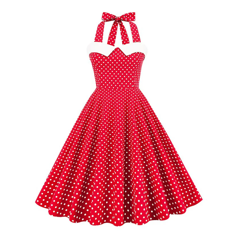 2023 thanh lịch giản dị dây của phụ nữ bên ăn mặc 1950S retro cổ điển một dòng Swing ăn mặc rockabilly Polka Dot in váy sr360