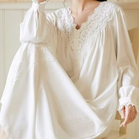 Chemise de nuit en dentelle pour femme, col en V, manches longues bouffantes, poignets à volants, robe de nuit ample vintage pour femme, tenue d'intérieur