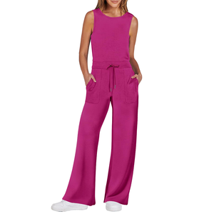 Combinaison décontractée sans manches en tricot extensible coupe ample col rond avec pantalon large, collection été 2024 personnalisée - Product Image 1