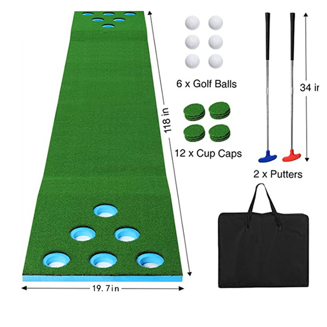 XL Golf Pong Game Set Green Velvet Putting Mat 50x300cm 2 Adjustable Putters 6 Balls 12 Hole Covers Indoor/Outdoor Golf Short