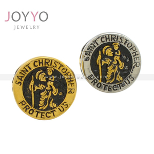 Anillo de acero inoxidable 316L para hombre, joyería religiosa, Oro Sólido, San Cristóbal, protección Us, madeles redondos - Product Image 2
