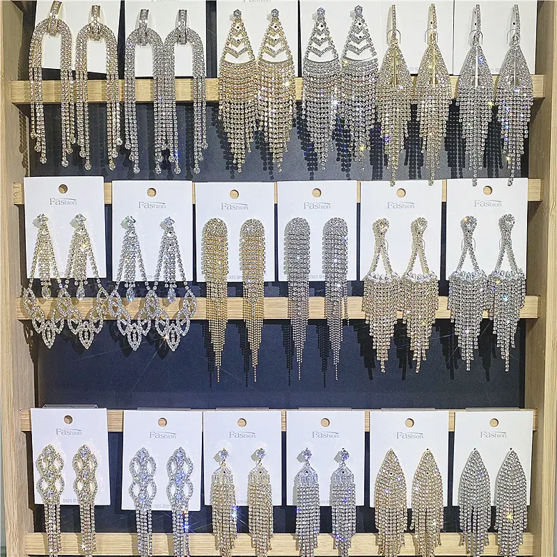 Fashion Sliver Exaggerated Long Crystal Tassel Rhinestone Drop Earrings Luxury Bridal Wedding Jewelry For Women 