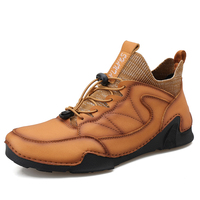 Chaussures plates pour hommes, bottes de travail, de sécurité, de randonnée, en cuir de vache véritable, mi-hautes, à lacets, à enfiler, faites à la main, type chaussettes