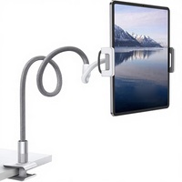 Support de téléphone flexible en métal à col de cygne pour lit et table, support de tablette à clipser pour iPad/Kindle/Tablettes 4,7-10,5 pouces - Gris