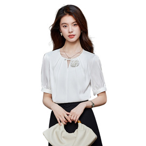French Style 3D Rose Silk Blouse Women Summer Elegant Pearl Satin Top Office Wear Solid Color Short Sleeve Shirt - Product Image 5