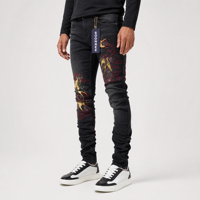 Jeans skinny pour hommes, denim noir délavé, broderie oiseau et nuage rouge, coupe slim, streetwear, vente en gros, personnalisation OEM ODM