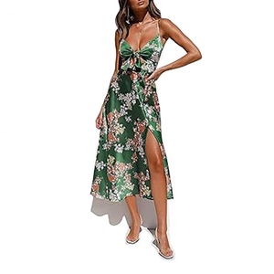 สินค้าใหม่ล่าสุด ชุดเดรสลำลองทรงเอ สไตล์แฟชั่นลายดอกไม้ ผ้าซาตินเป็นมิตรกับสิ่งแวดล้อม ความยาวระดับเข่า เปิดหลัง ทรงเอไลน์ เหมาะสำหรับฤดูร้อน - Product Image 1