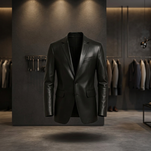 Men's Black <b>Leather</b> <b>Blazer</b> Long Fashion Style Double and Single Breasted Closure Printed Pattern Plus Size Knitted Fabric - Product Image 3