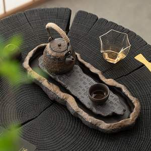 طقم شاي الكونغ فو ريترو على الطراز الياباني من الخزف الحجري مطلي بذهب سوترا القلب مع صينية شاي وإبريق سيراميك لتخزين أدوات الشاي - Product Image 2