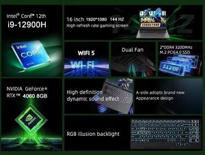 Portátil de 16 Pulgadas 1920*1080, I9 de 12.ª Generación 12900H, Portátil para Juegos con Tarjeta Gráfica Discreta RTX 4060 de 8GB, Edición, Gamer, Nuevo - Product Image 5