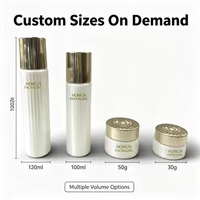 Kit cosmétique élégant en verre à rayures verticales, couvercle côtelé doré, flacon pour toner et lotion, pot à crème, couleurs et tailles personnalisées