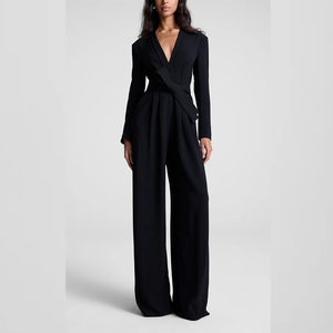 Combinaison élégante noire pour <span class=keywords><strong>femme</strong></span>, taille haute, col en V profond, manches longues, ceinturée, longueur genou, jambes larges, personnalisable, pour soirée formelle - Product Image 1