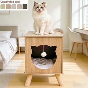 Mobilier pour chats en bois : Condo pour chat d'intérieur fermé, type table de <span class=keywords><strong>chevet</strong></span>, avec boule suspendue et coussin moelleux, multifonction - Product Image 1