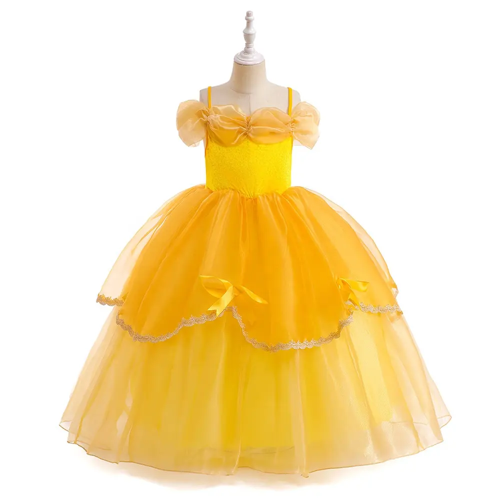 Princess Belle Dress up Birthday Party Fairy Costume for Toddler Girls Special Occasion Dresses Ball Gown Yellow