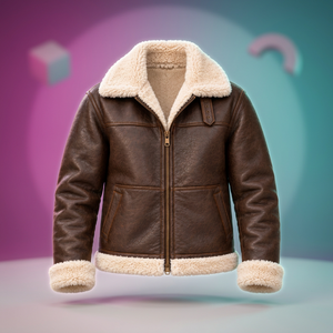 Veste en cuir marron pour homme, col rabattu, fermeture éclair, doublure en sherpa, coupe-vent, hiver, longueur normale - Product Image 1