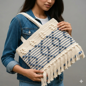 Bolso tote de mujer con flecos tejidos, diseño geométrico decorativo y interior espacioso para compras, viajes y uso diario. - Product Image 3